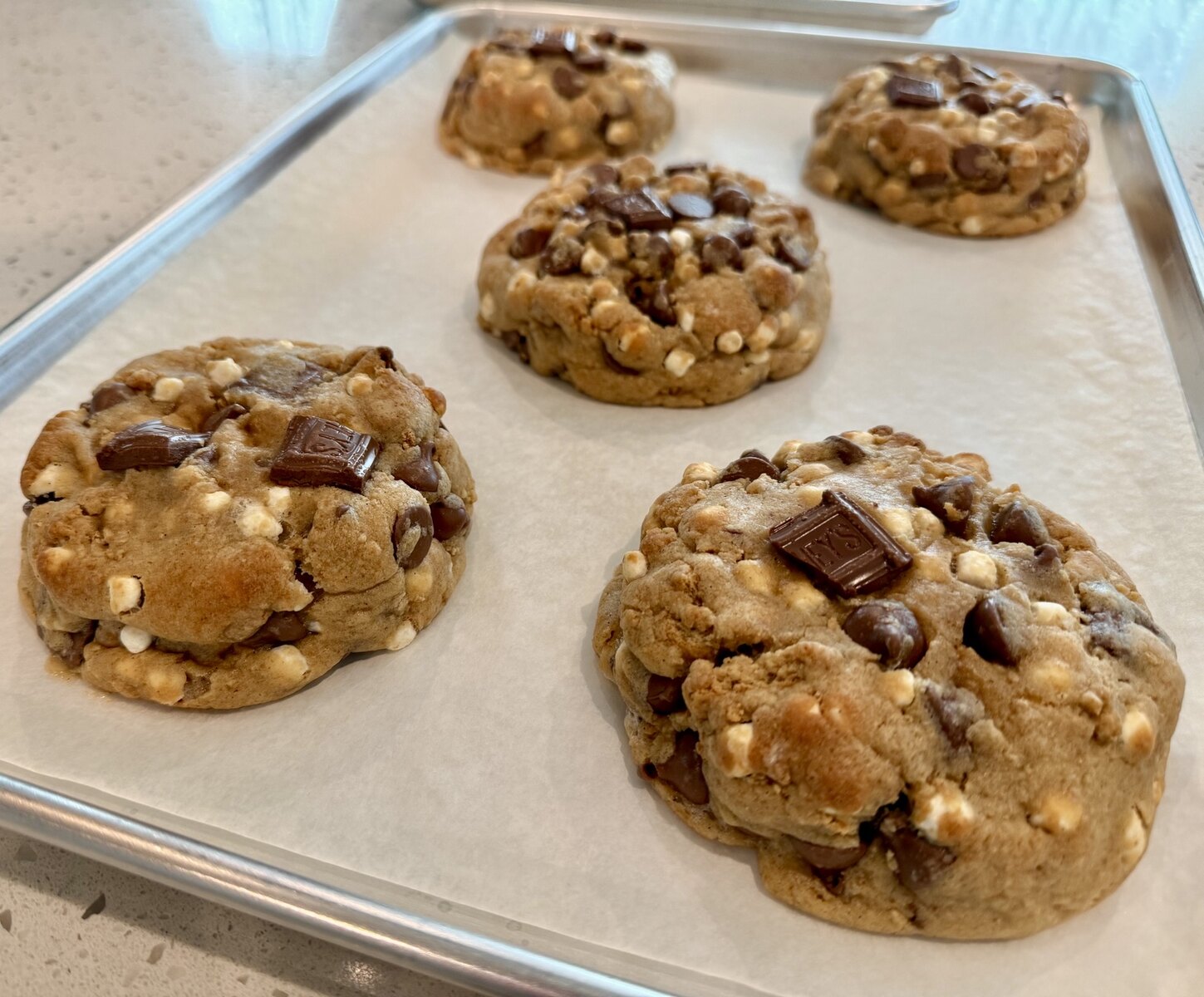 Freshly baked Founder’s S’mores cookies with chocolate pieces and marshmallows