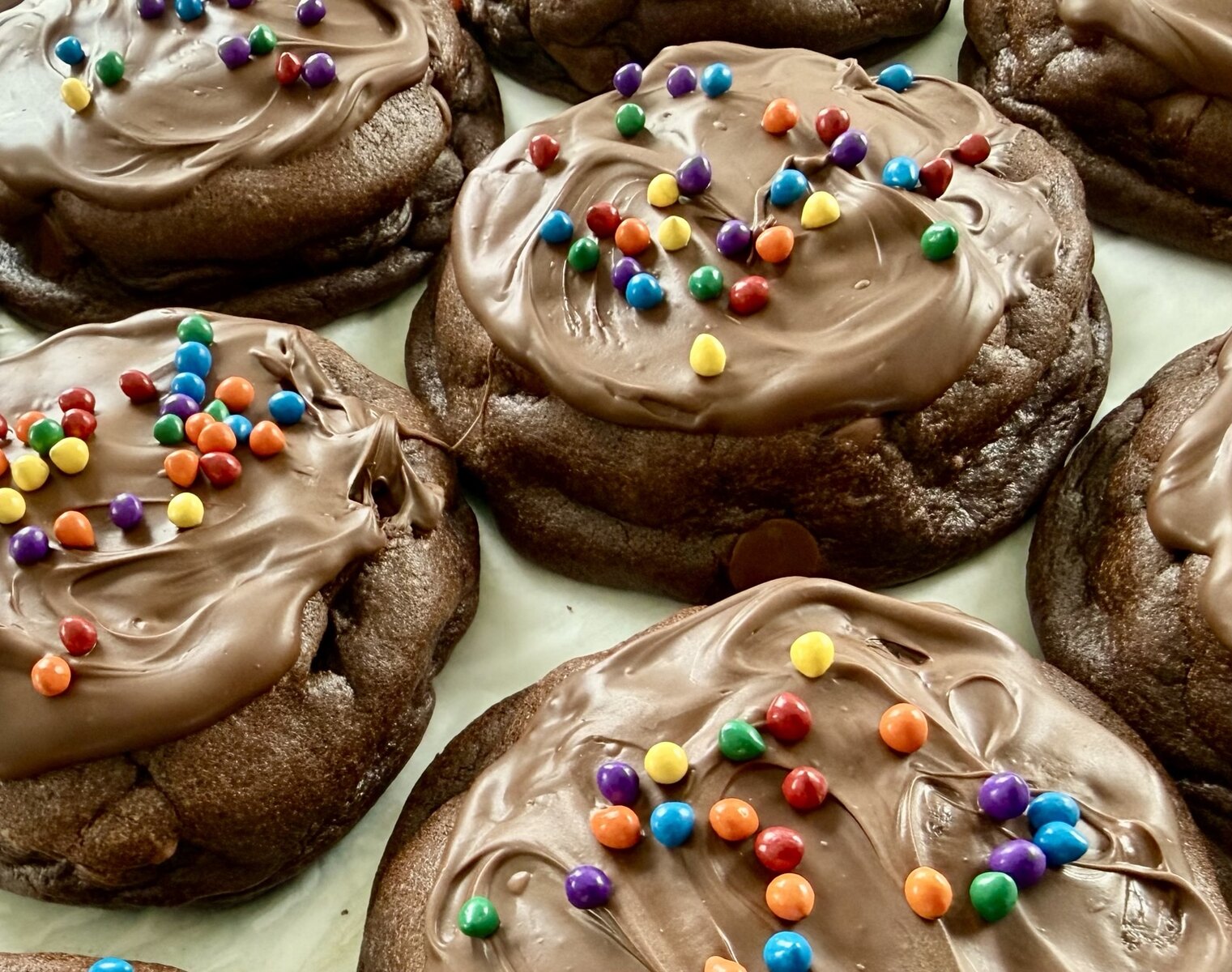 Grand Finale chocolate cookies topped with chocolate and colorful candy pieces