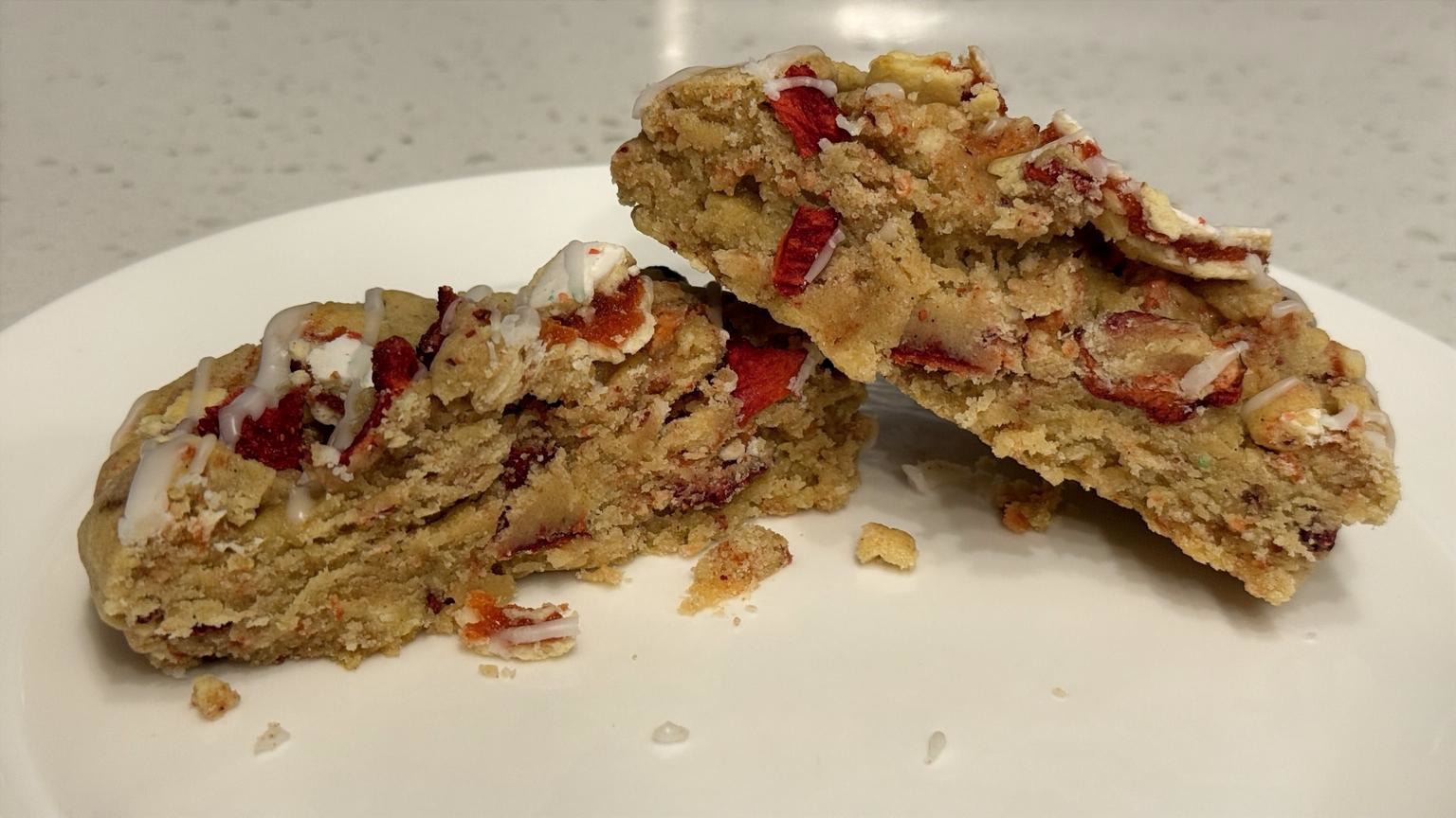 Strawberry Breakfast cookie split open and topped with Strawberry Pop-Tarts pieces